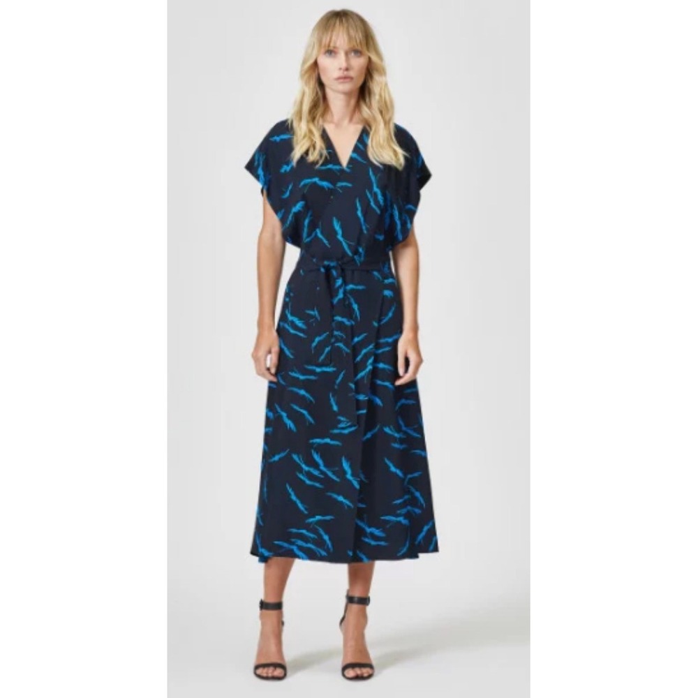 Equipment Printed Viscose Midi Dress Faux Wrap Style Blue Black (MSRP: $425) 8